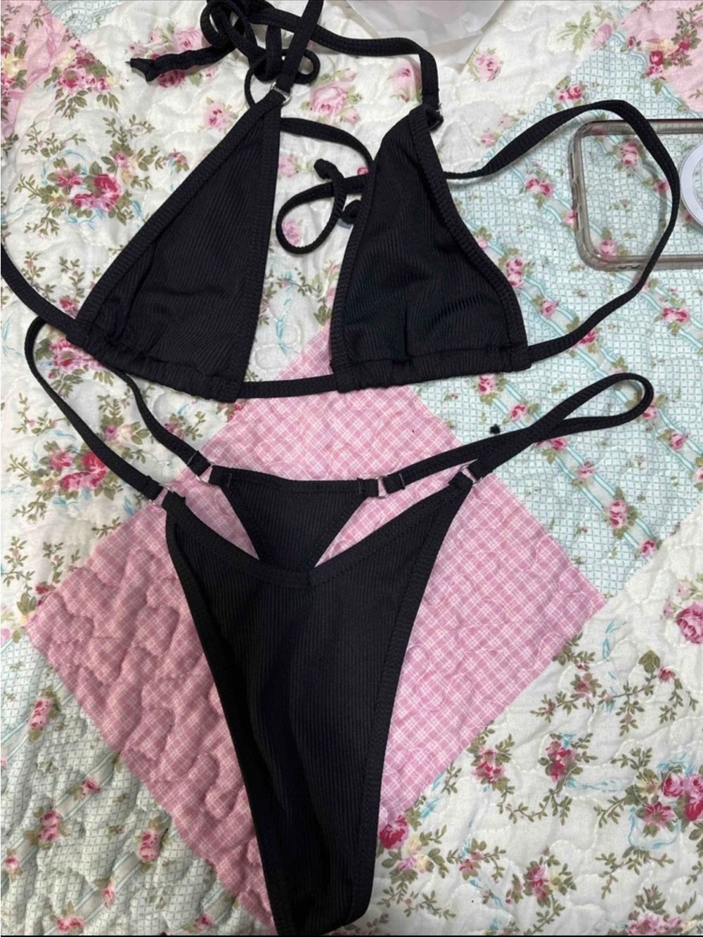 Black Ribbed Triangle Bikini Set